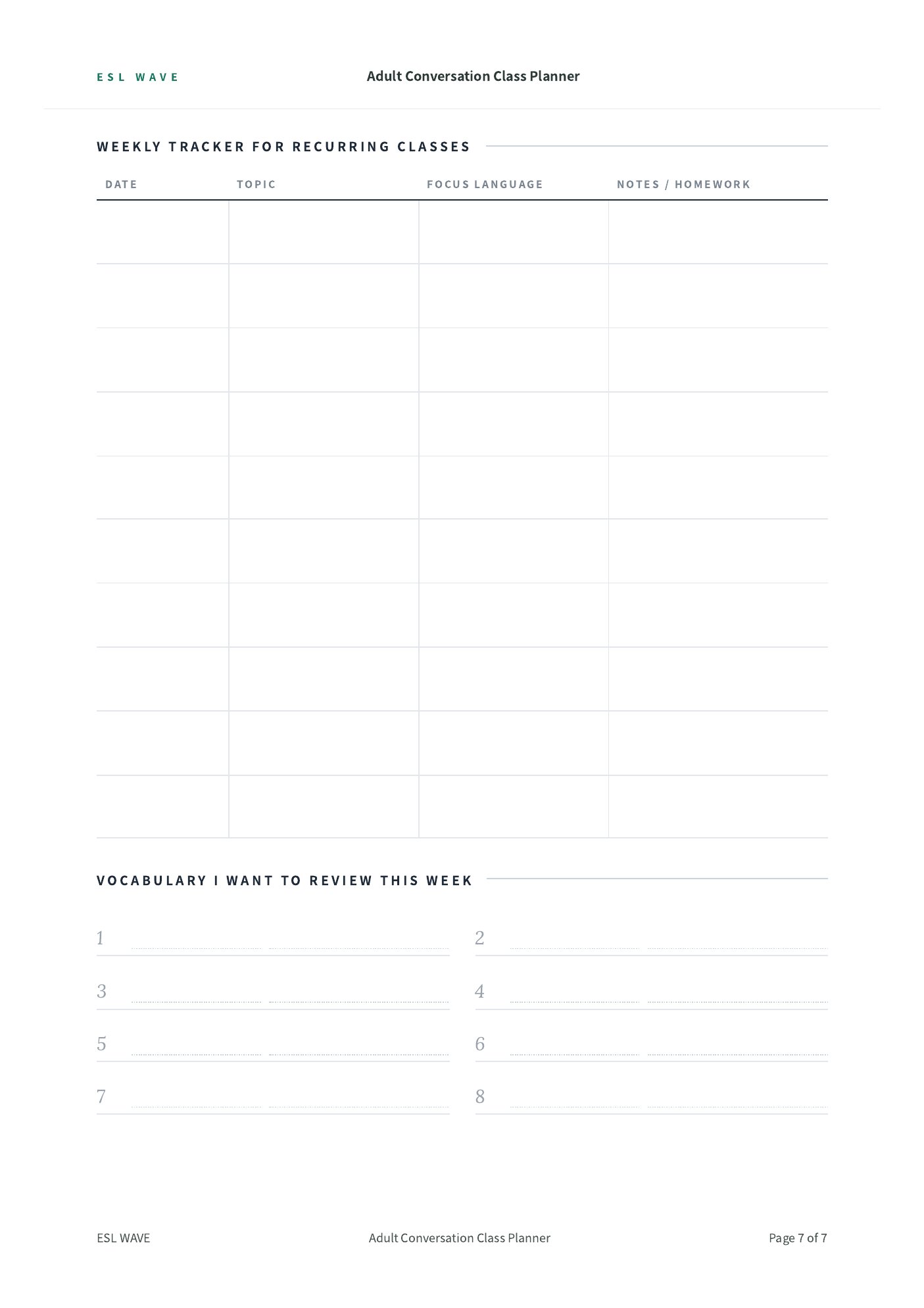 Adult Conversation Class Planner — page 7 of 7