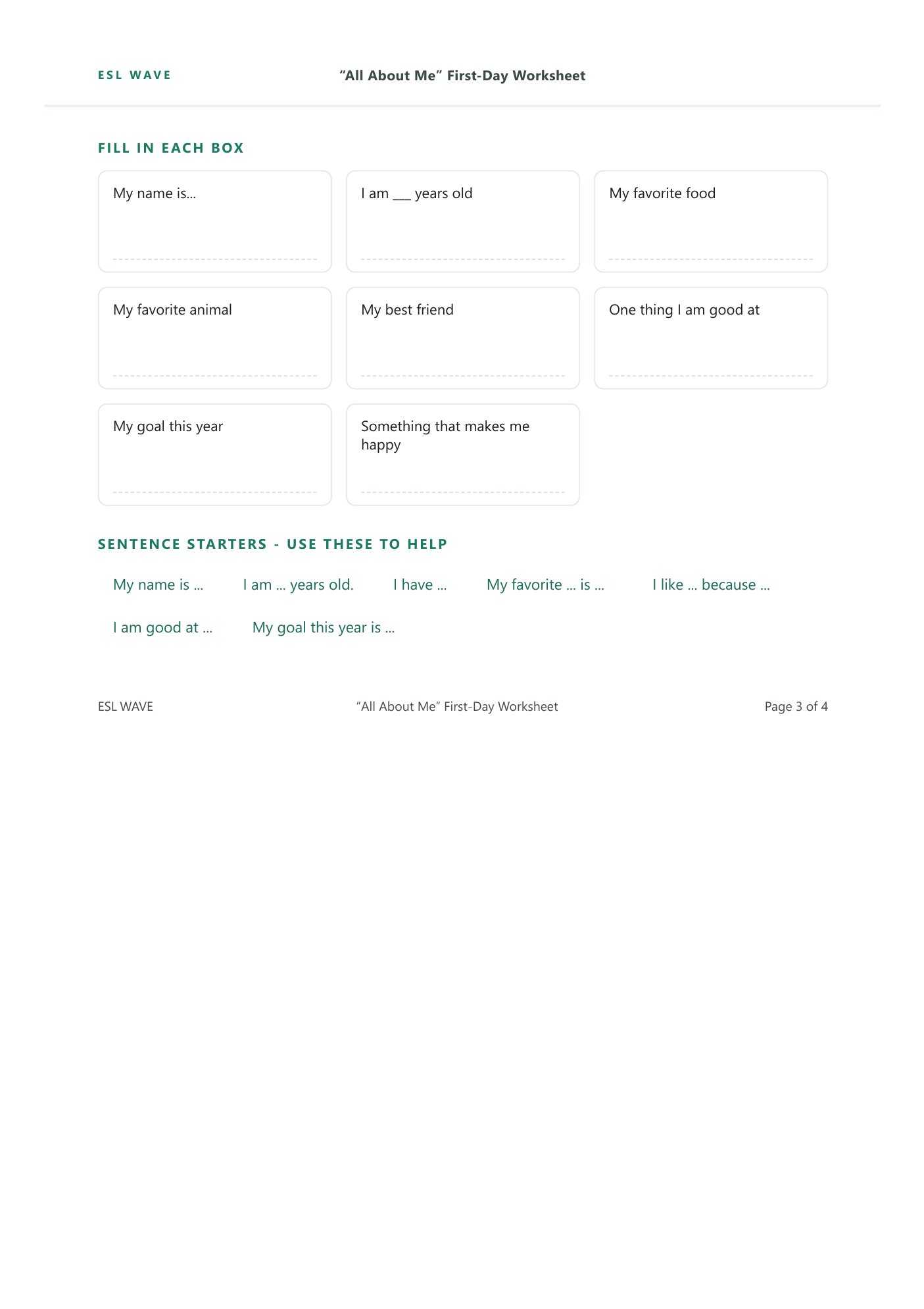“All About Me” First-Day Worksheet — page 3 of 4