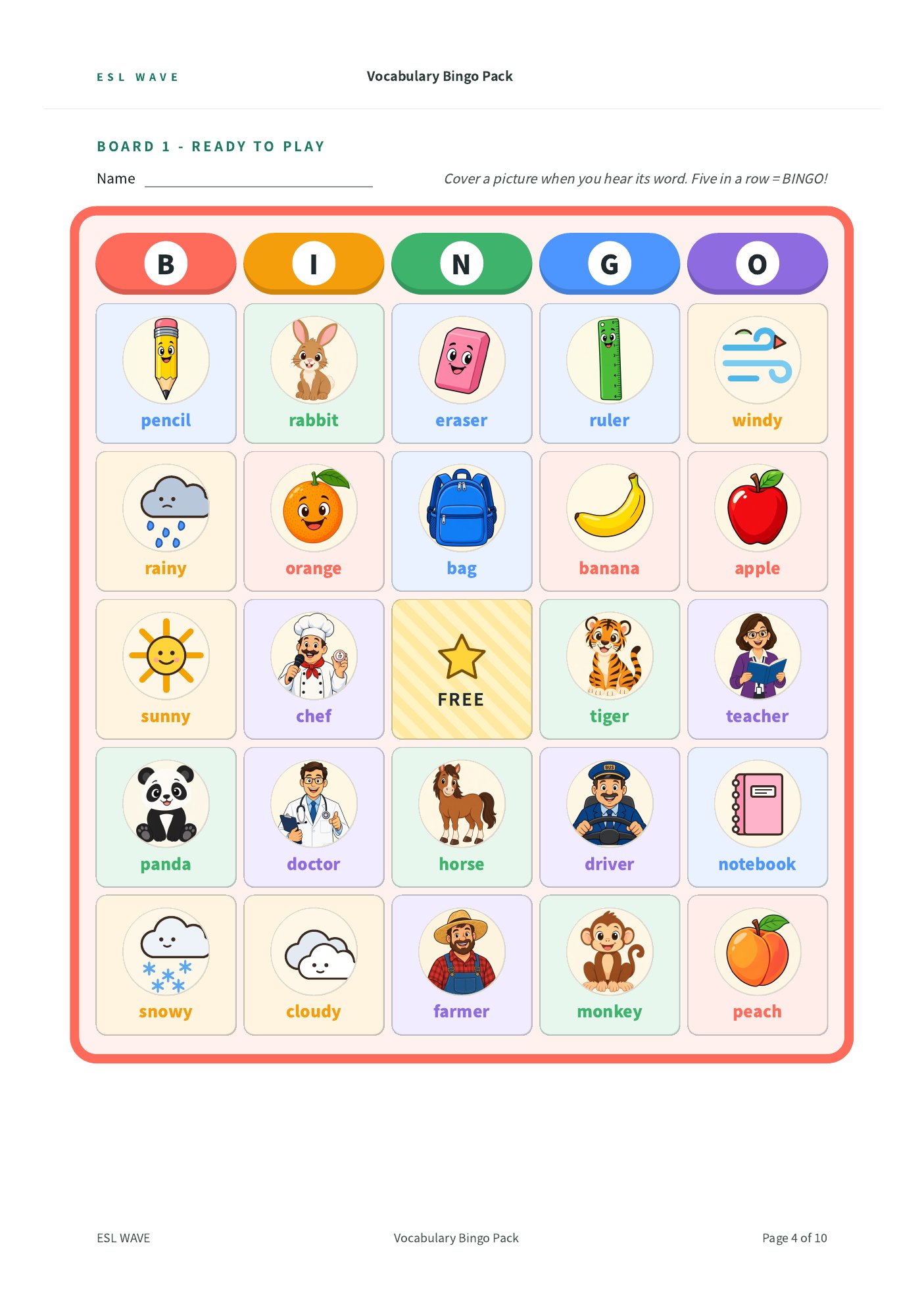 Vocabulary Bingo Pack — page 4 of 10