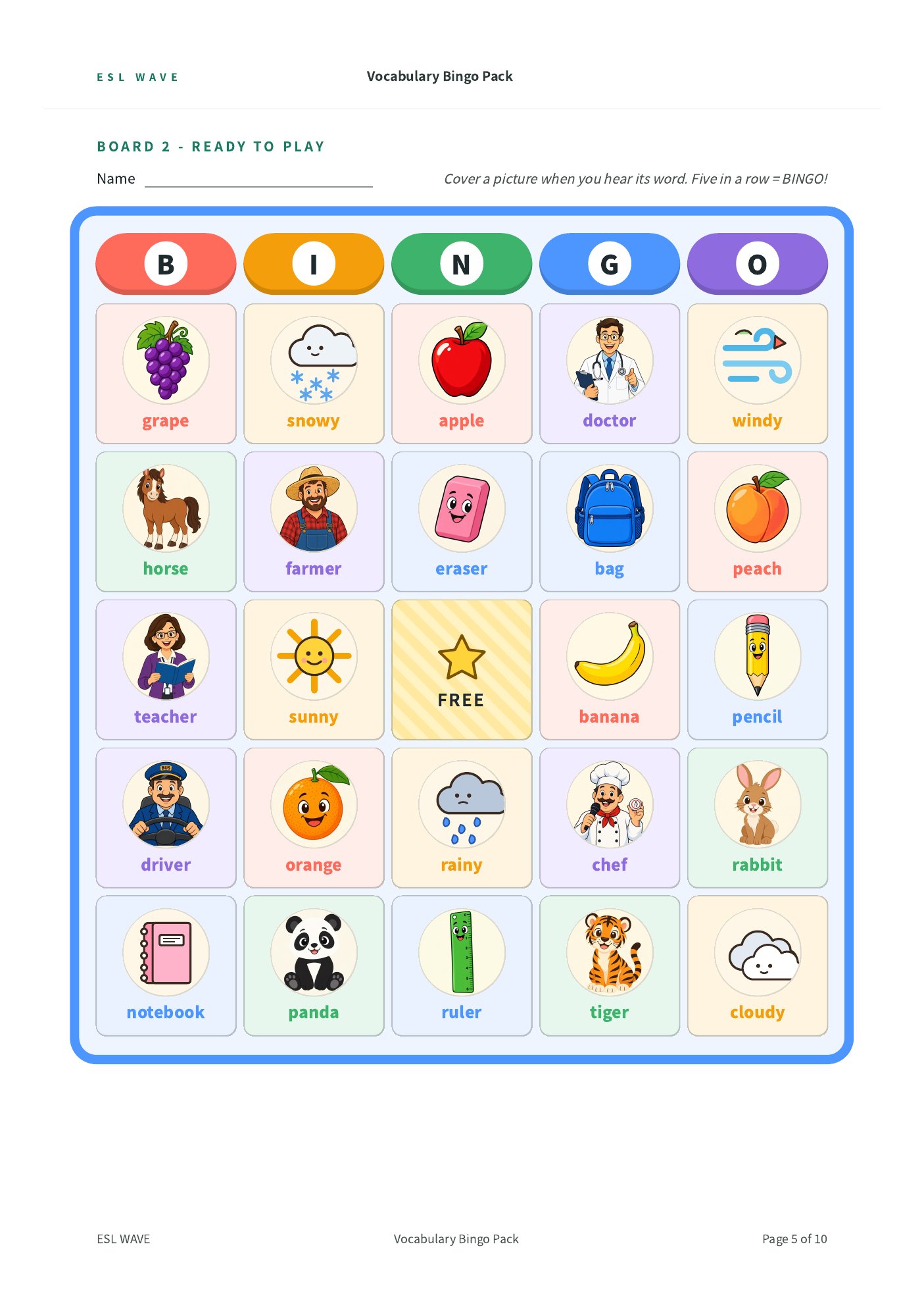 Vocabulary Bingo Pack — page 5 of 10