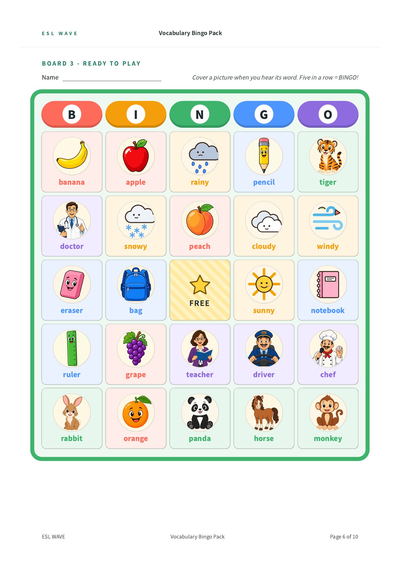 Vocabulary Bingo Pack — page 6 of 10