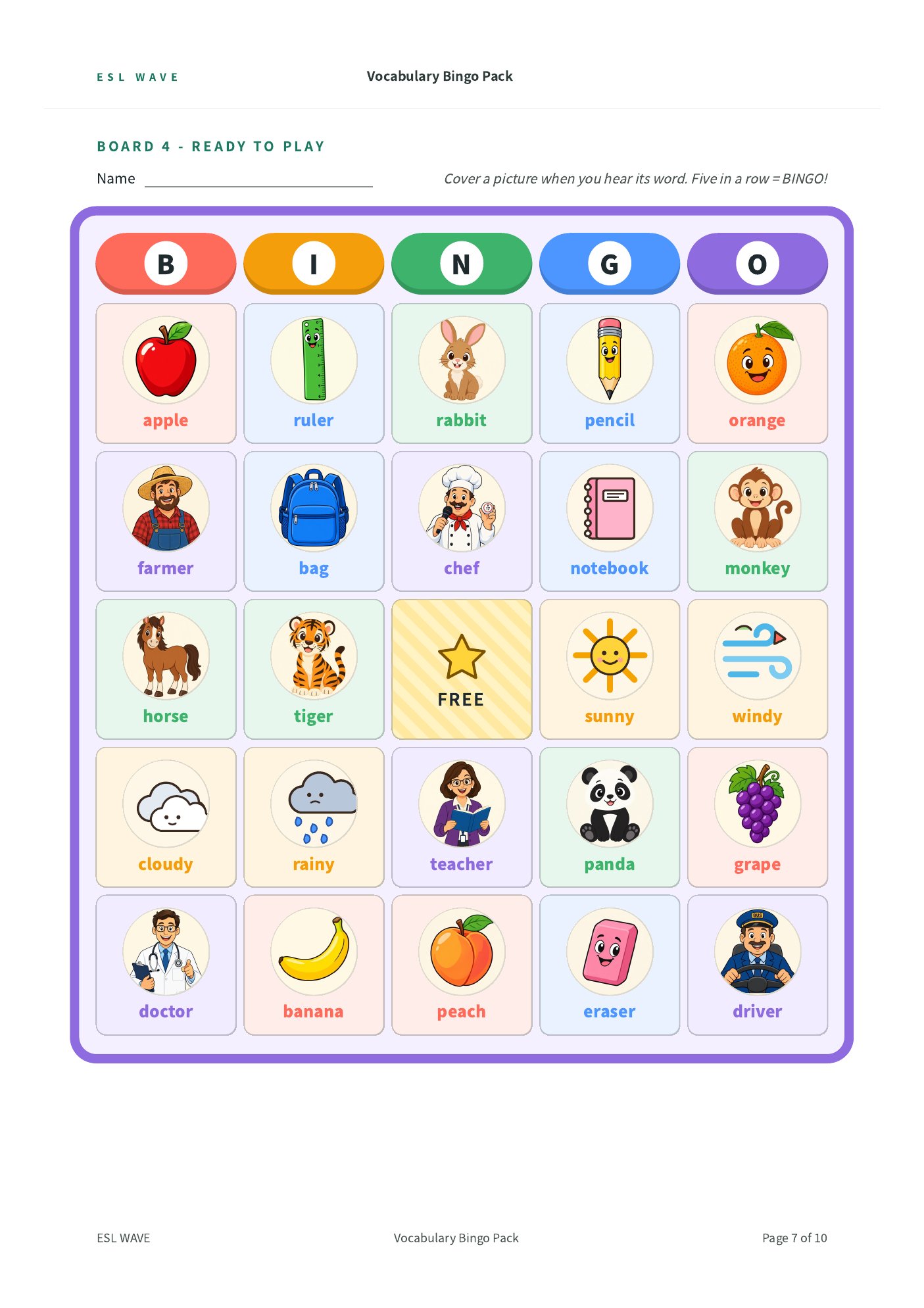 Vocabulary Bingo Pack — page 7 of 10