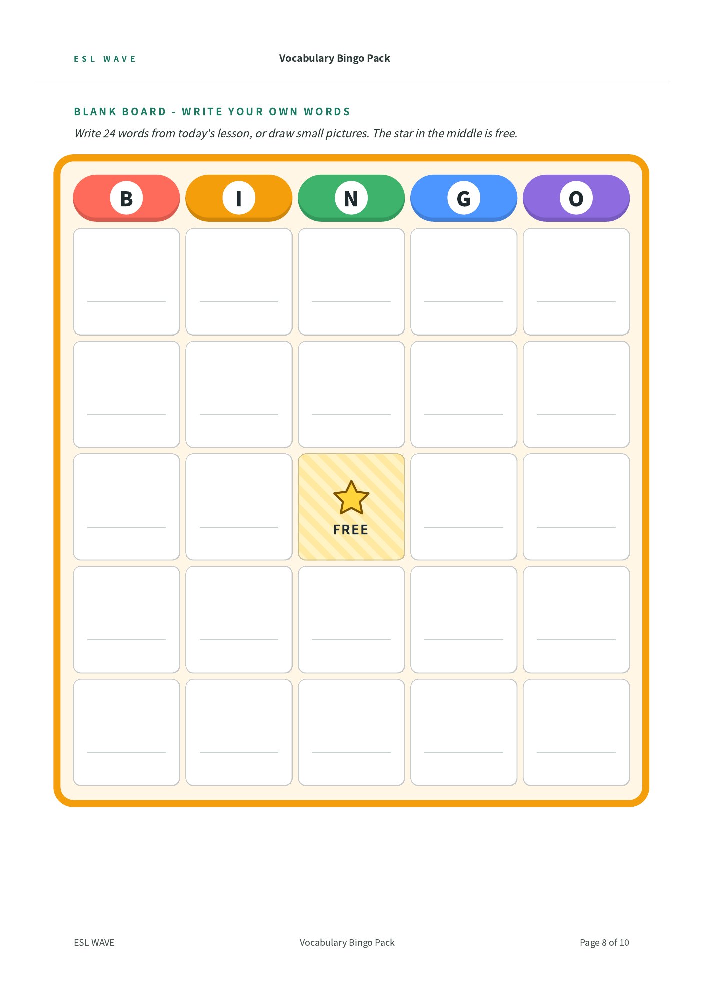 Vocabulary Bingo Pack — page 8 of 10