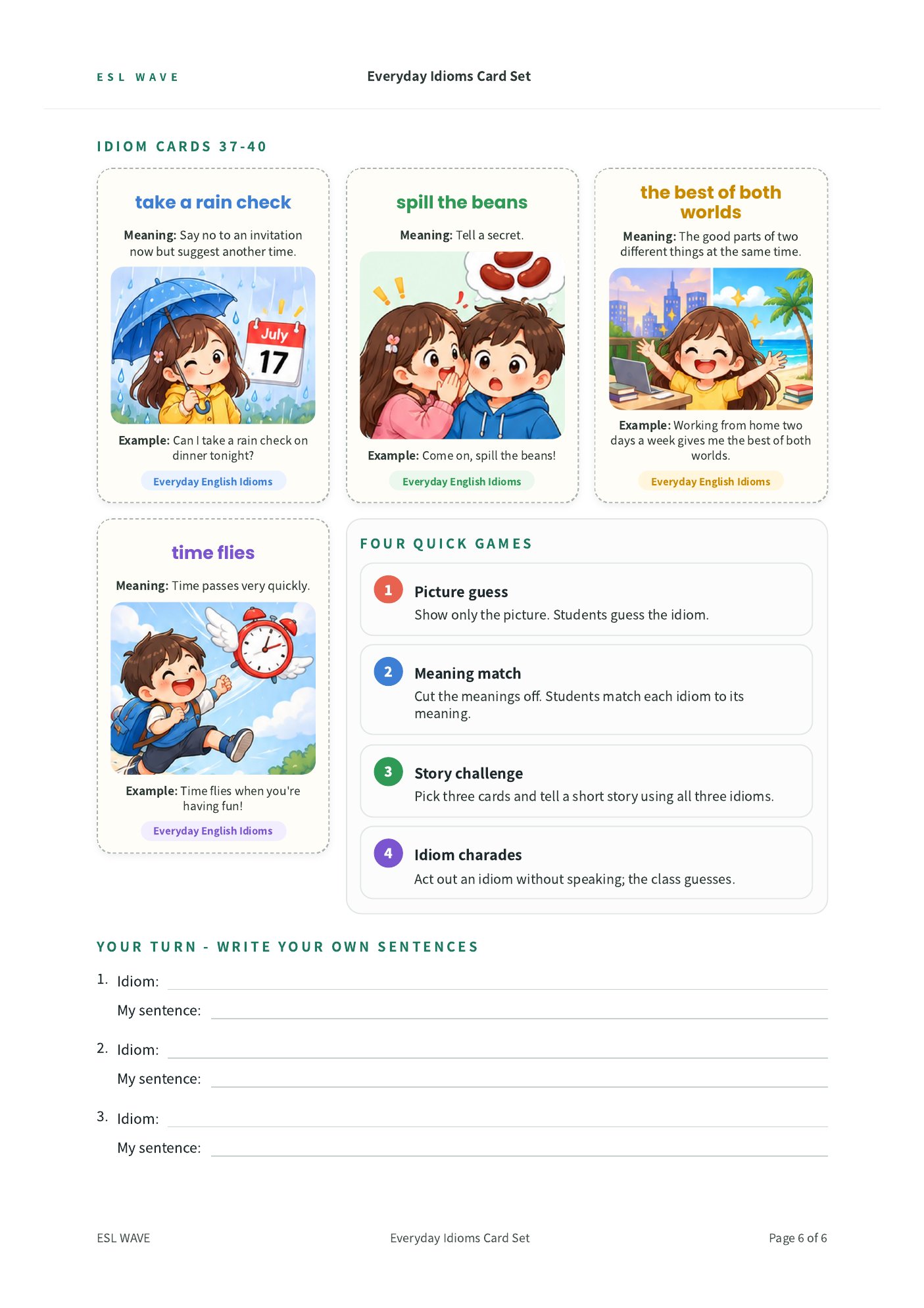 Everyday Idioms Card Set — page 6 of 6