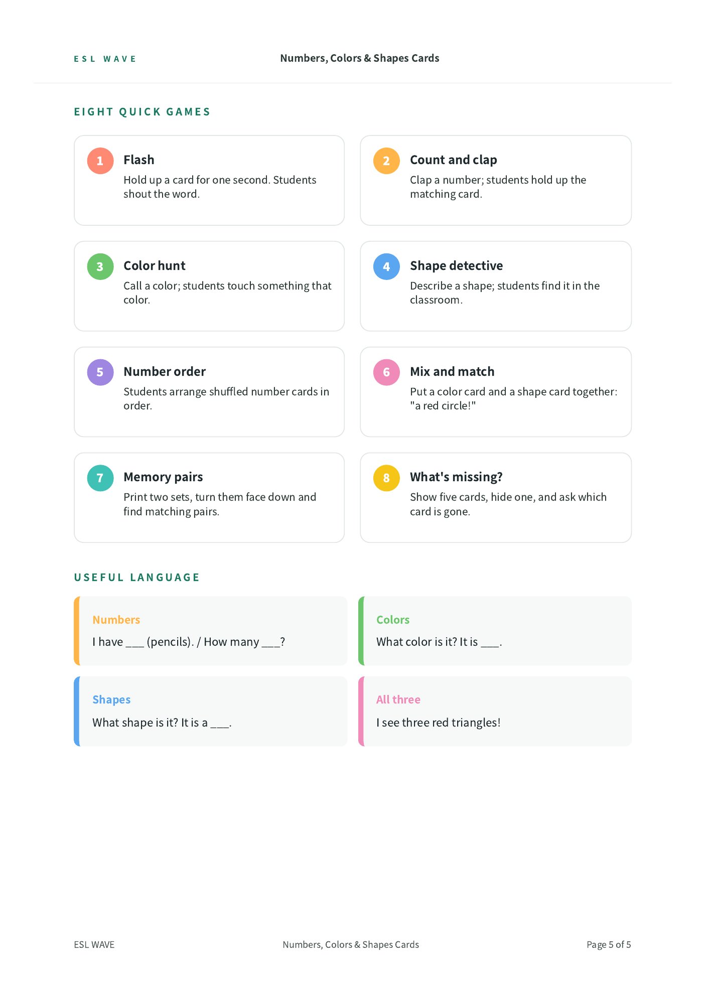 Numbers, Colors & Shapes Cards — page 5 of 5