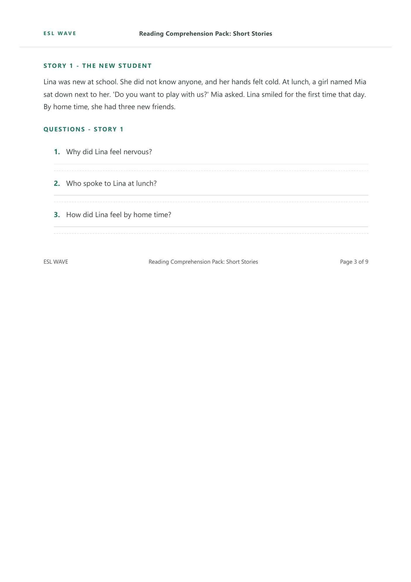 Reading Comprehension Pack: Short Stories — page 3 of 9