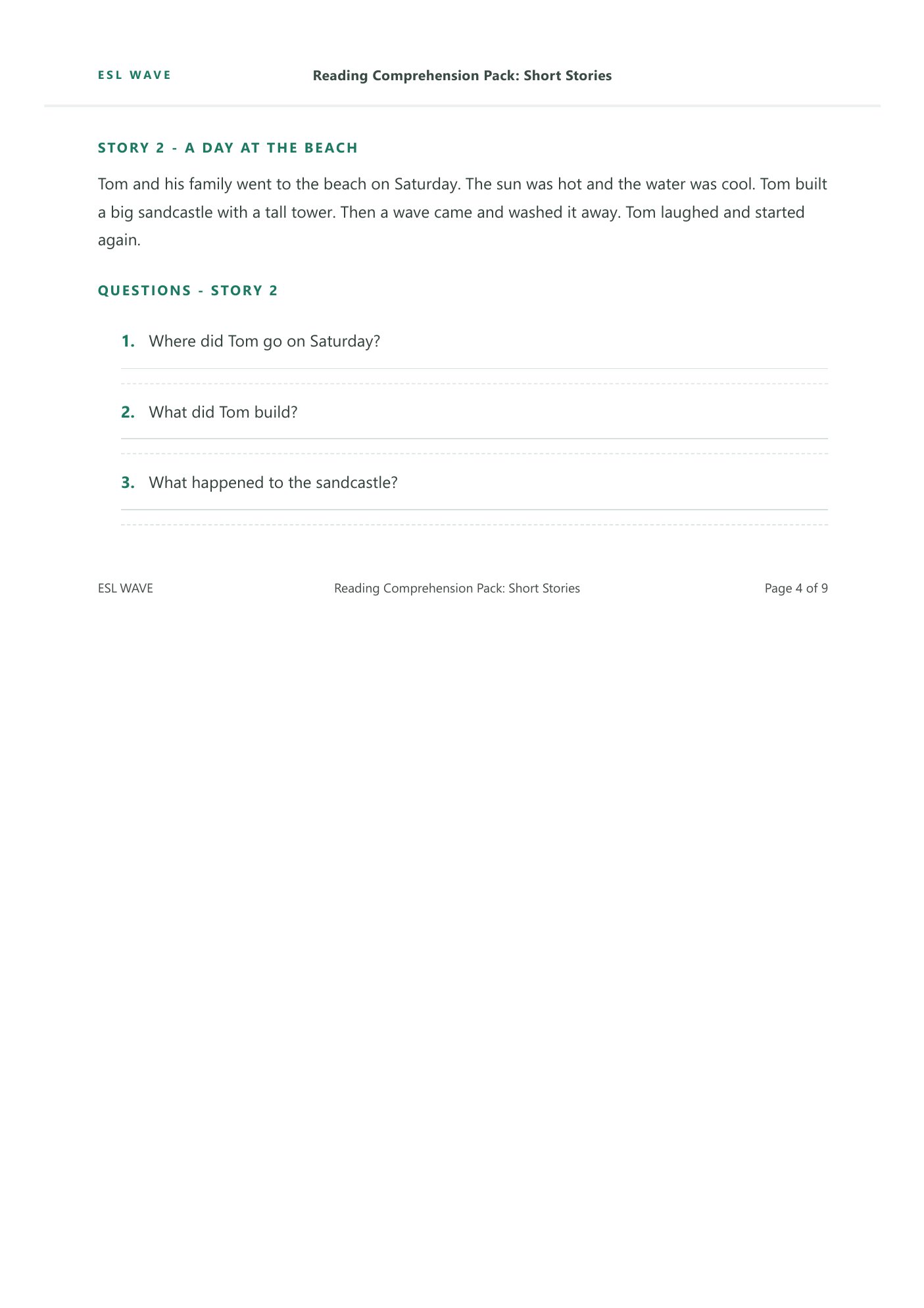 Reading Comprehension Pack: Short Stories — page 4 of 9