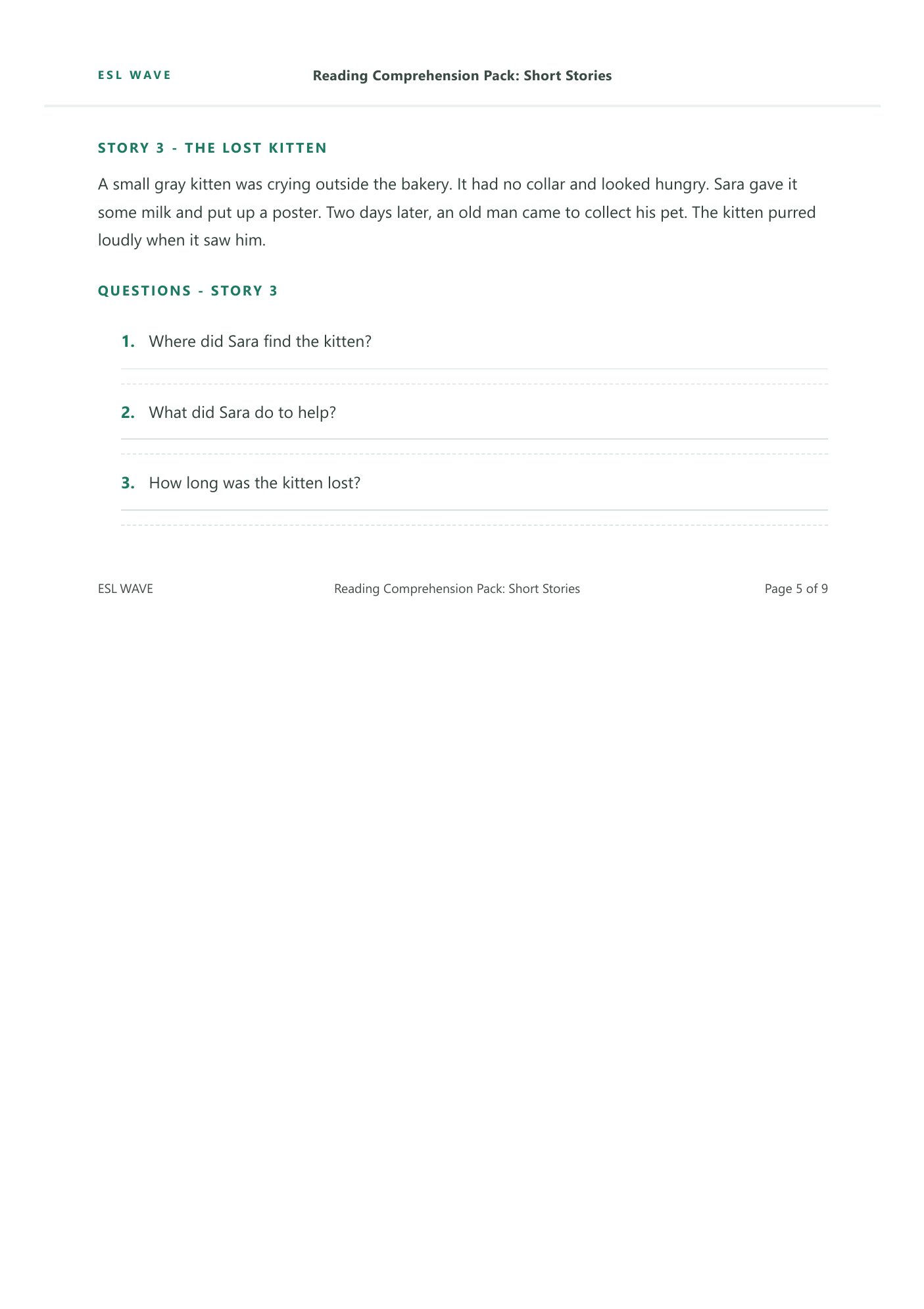 Reading Comprehension Pack: Short Stories — page 5 of 9