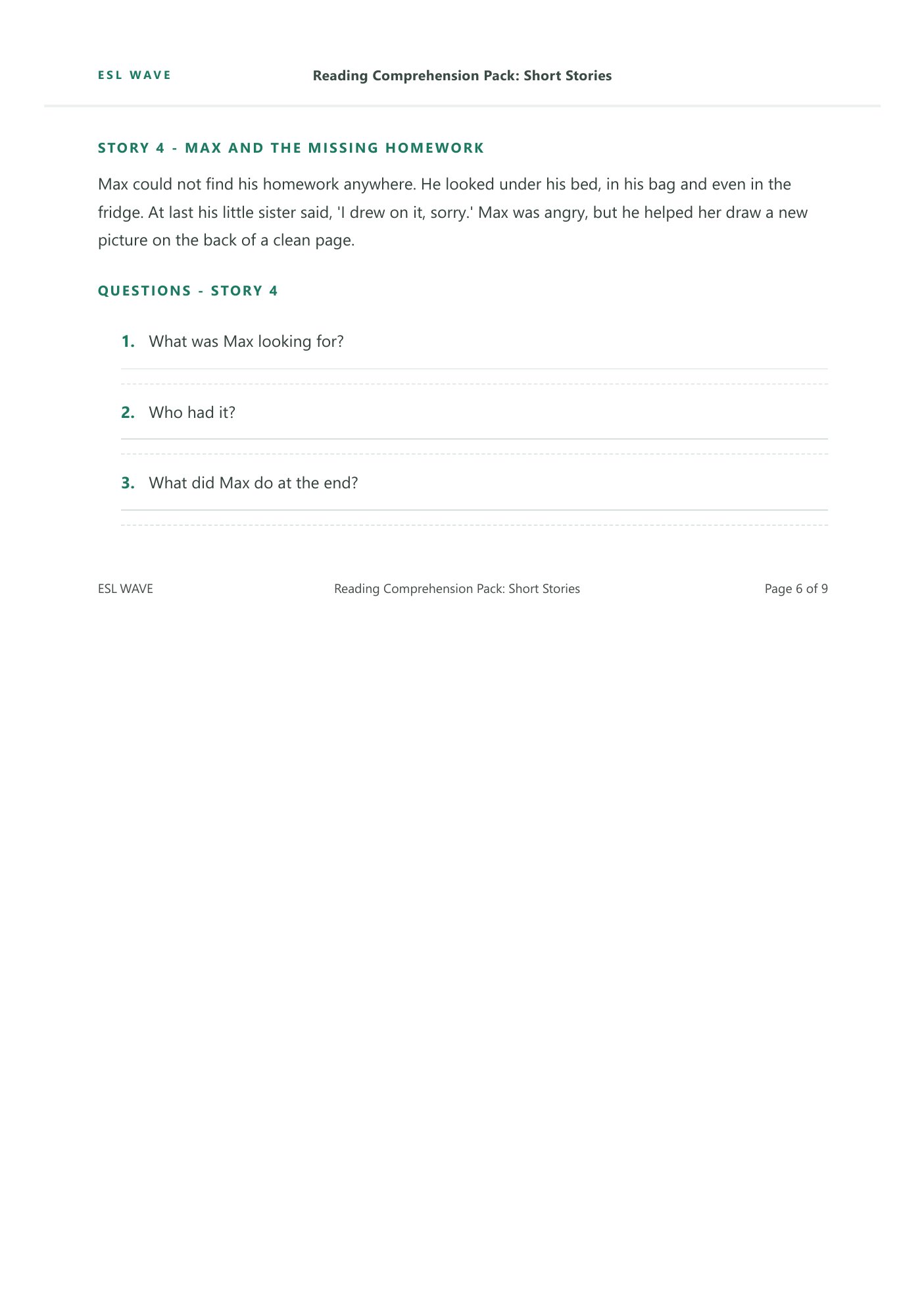 Reading Comprehension Pack: Short Stories — page 6 of 9