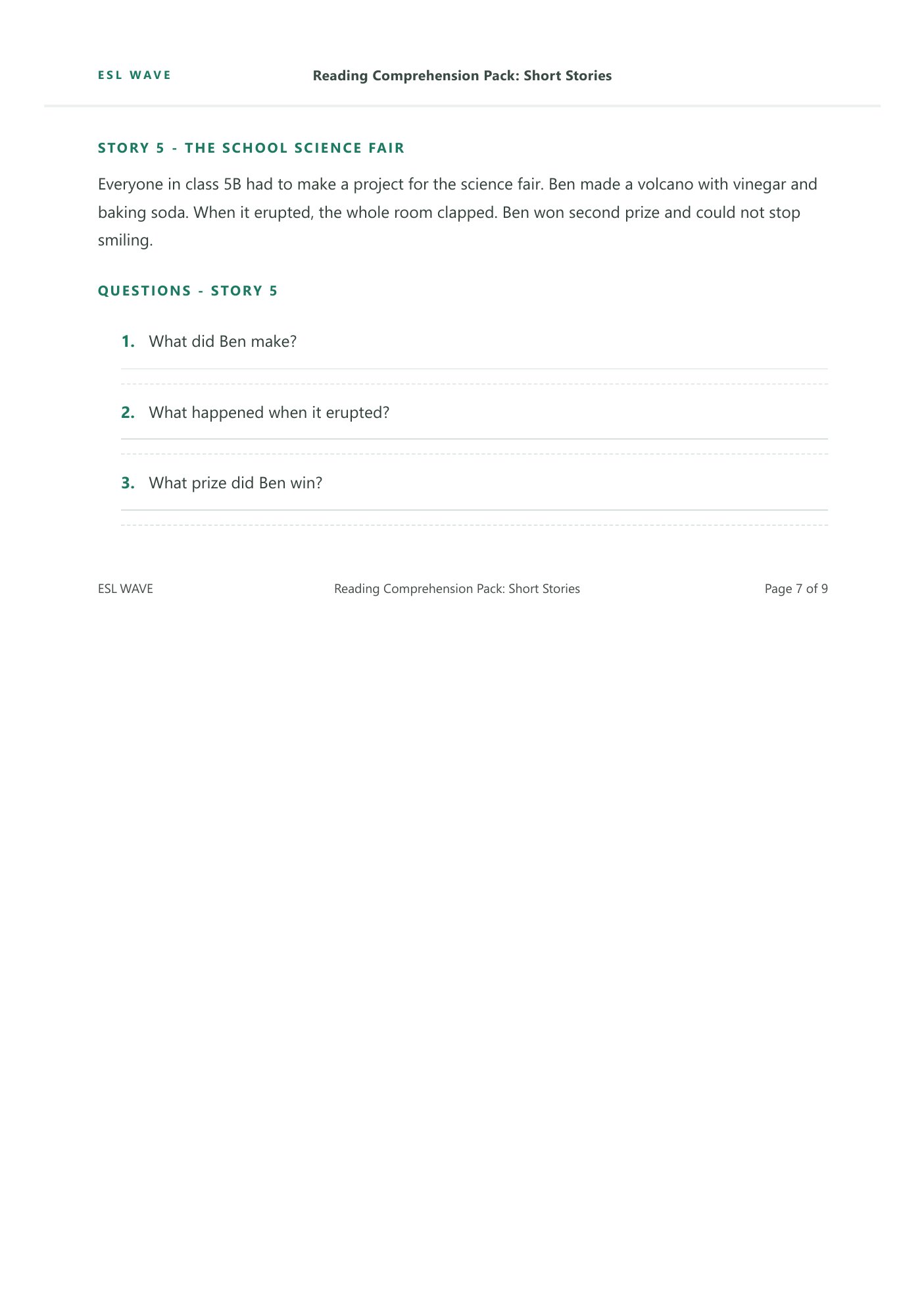 Reading Comprehension Pack: Short Stories — page 7 of 9