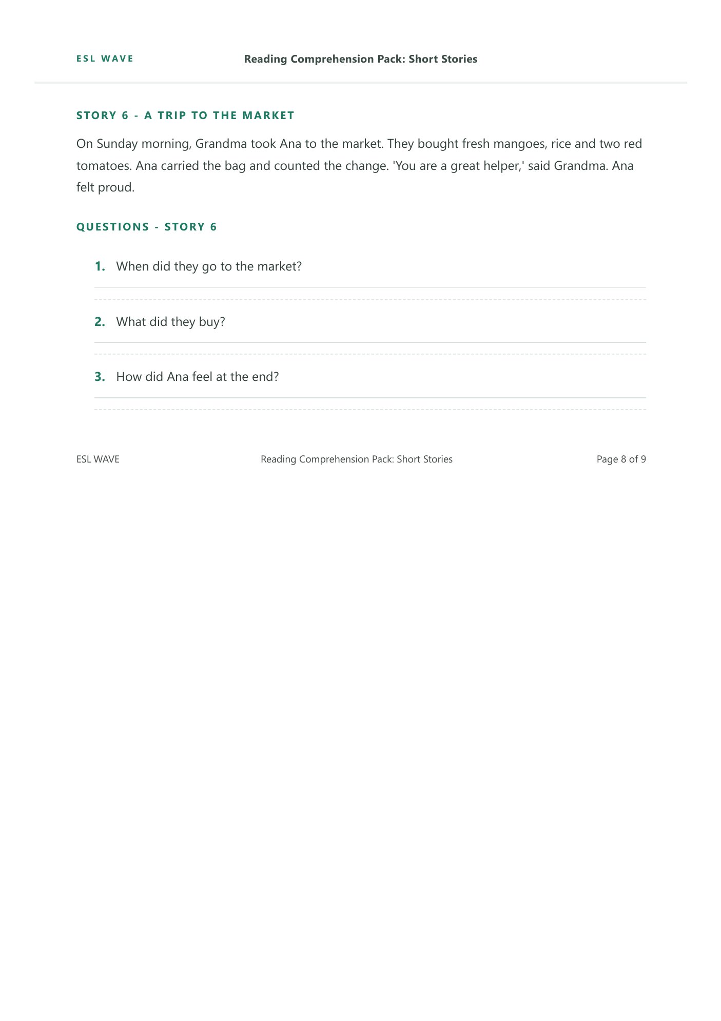 Reading Comprehension Pack: Short Stories — page 8 of 9