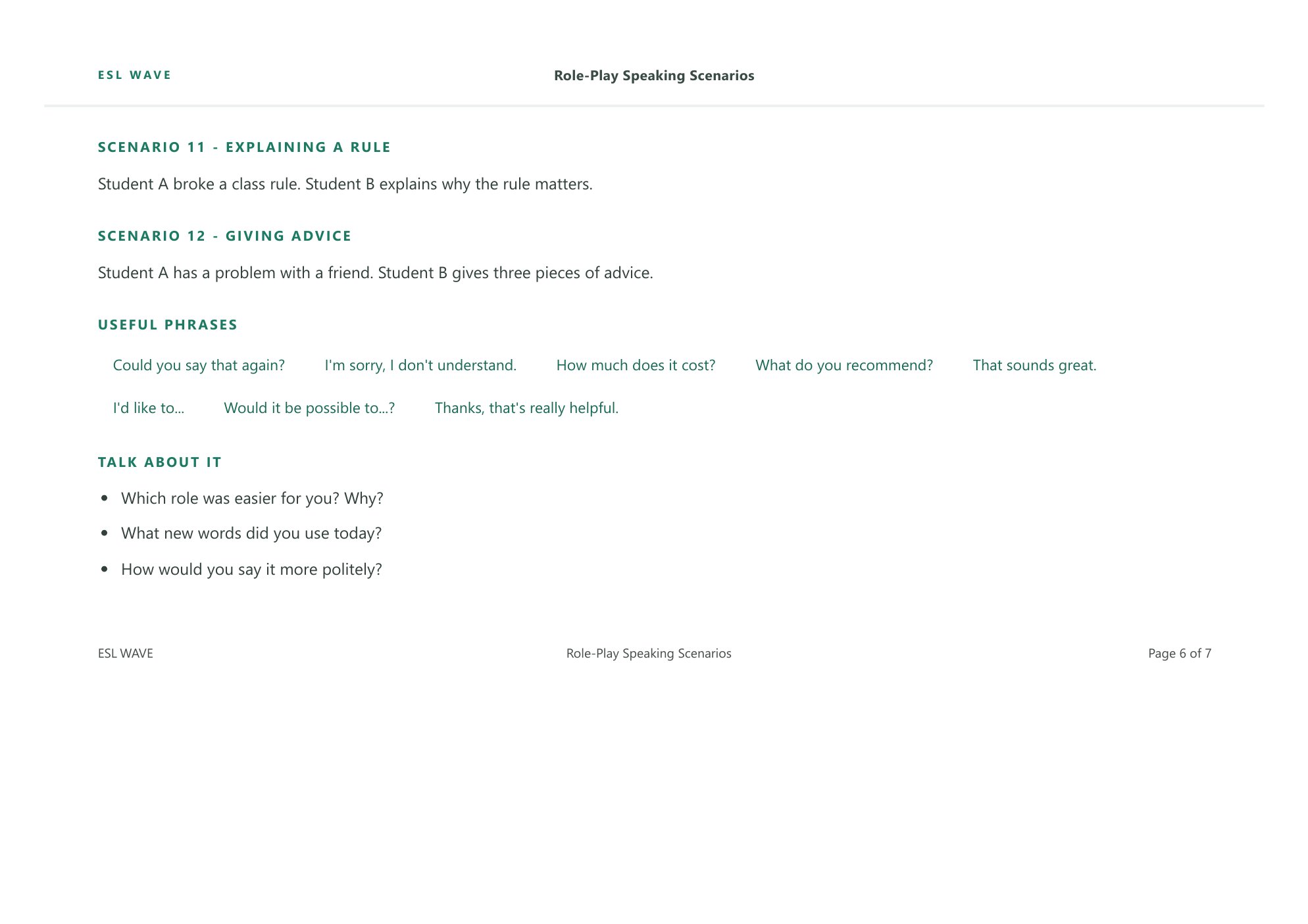 Role-Play Speaking Scenarios — page 6 of 7