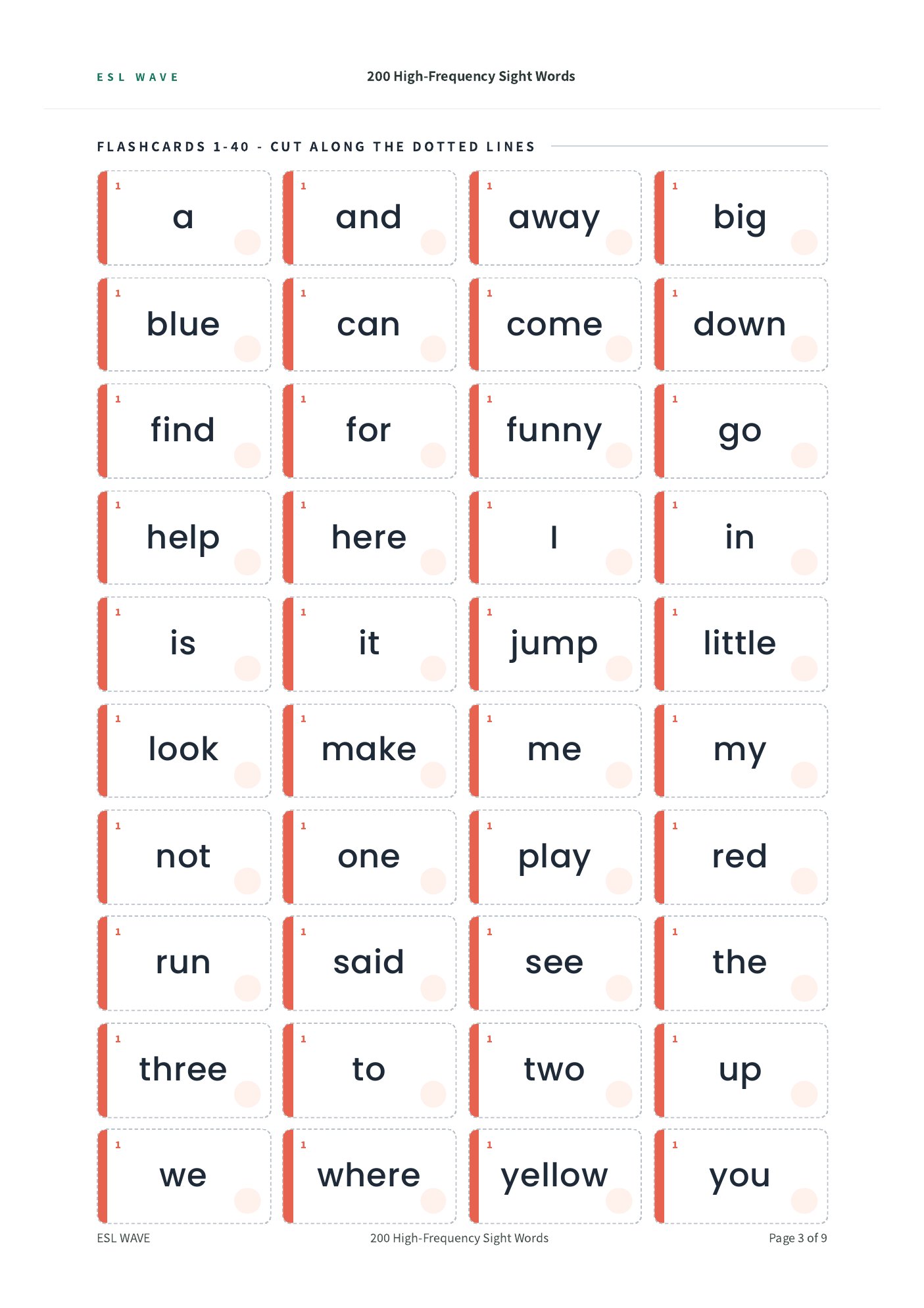 200 High-Frequency Sight Words — page 3 of 9