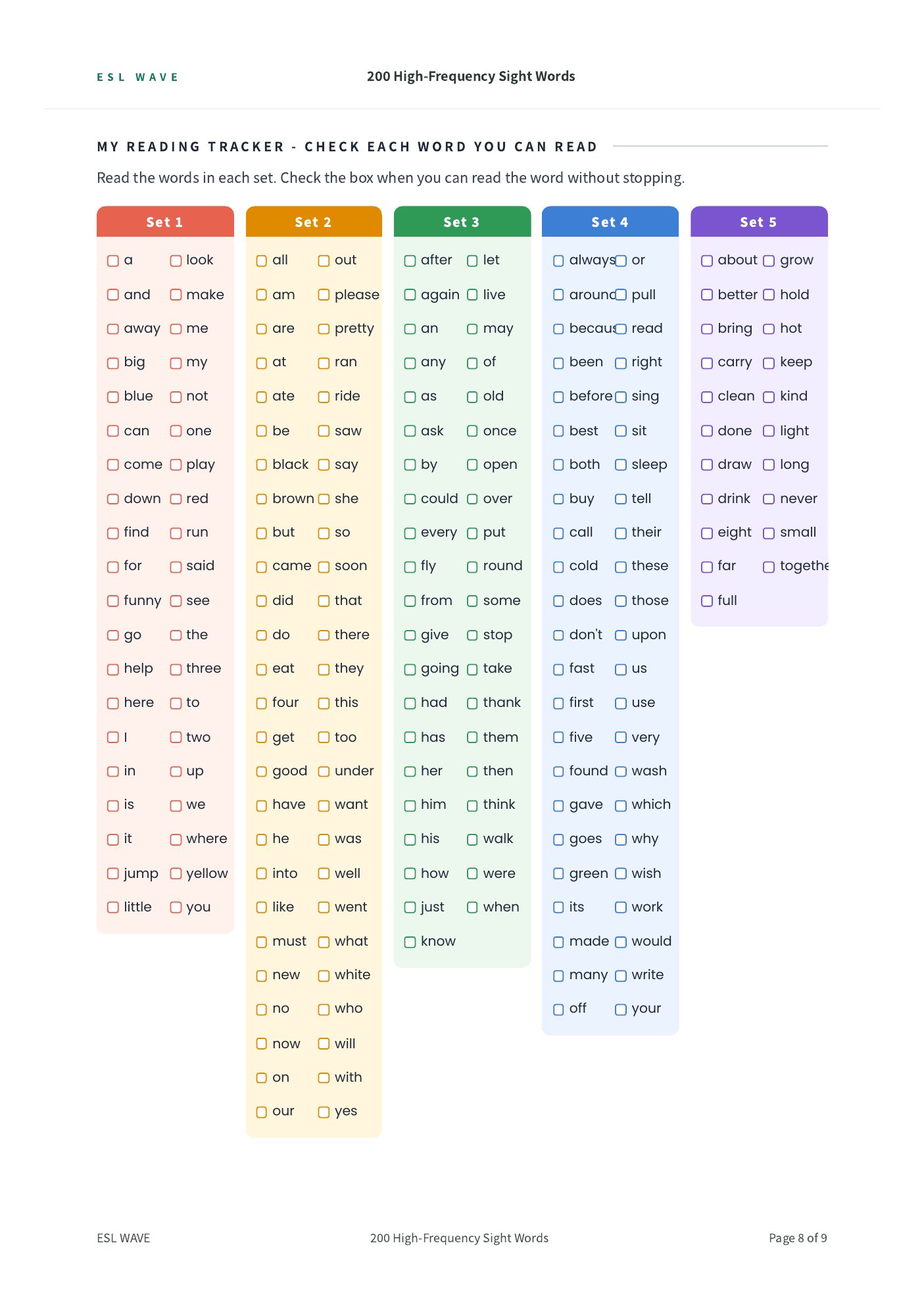 200 High-Frequency Sight Words — page 8 of 9
