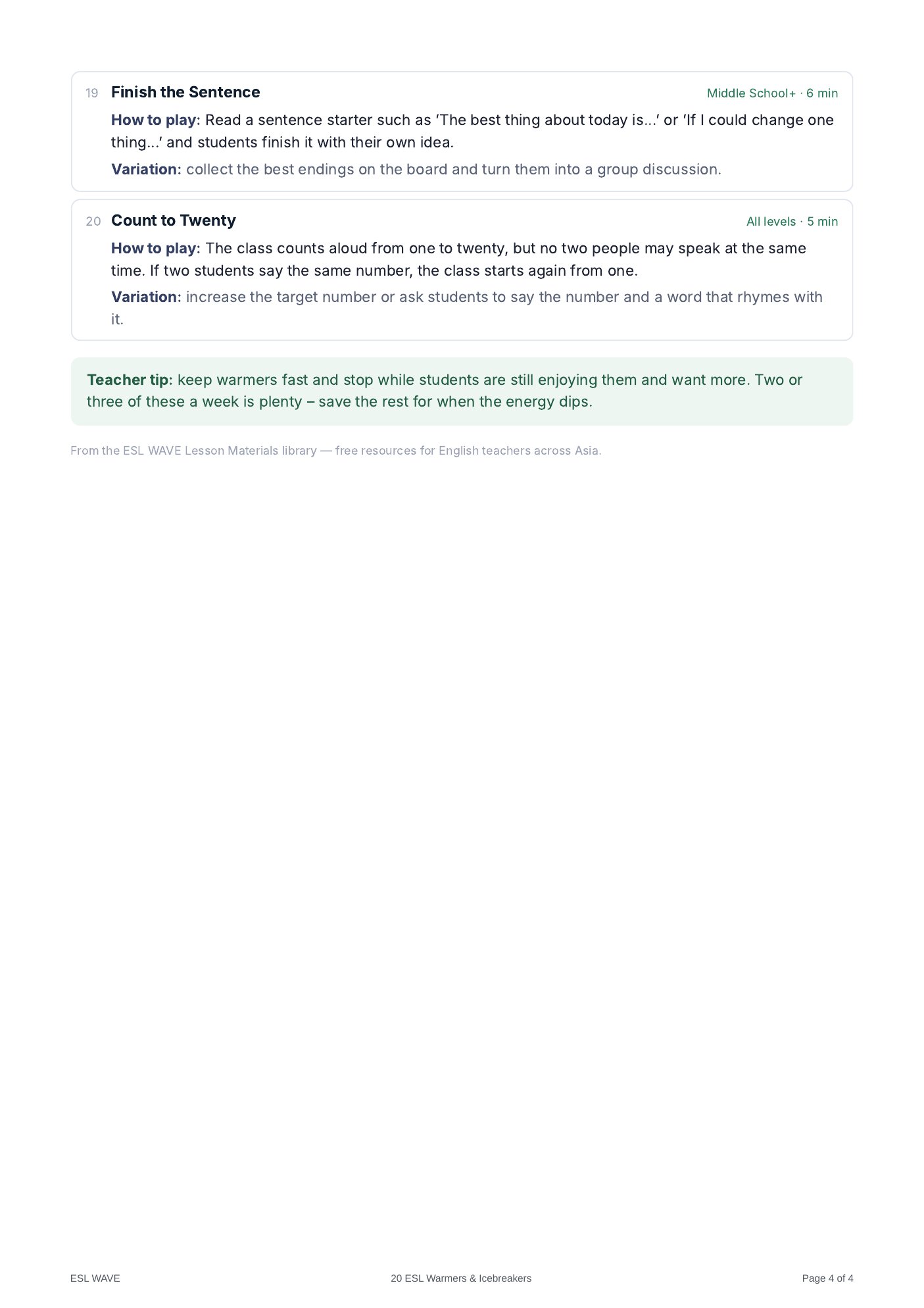 20 ESL Warmers & Icebreakers — page 4 of 4